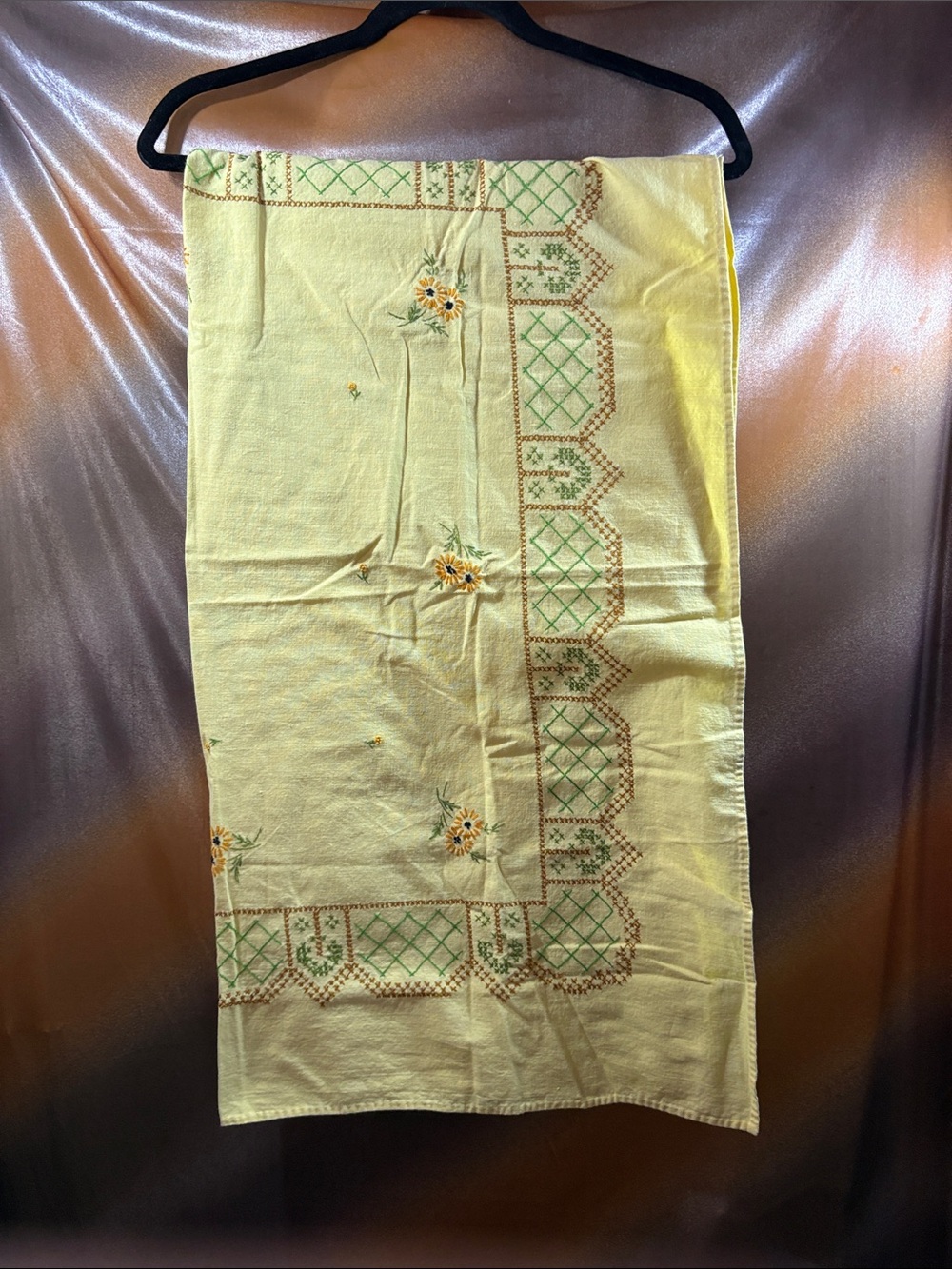Vintage Yellow hand Floral Embroidered tablecloth cotton 137